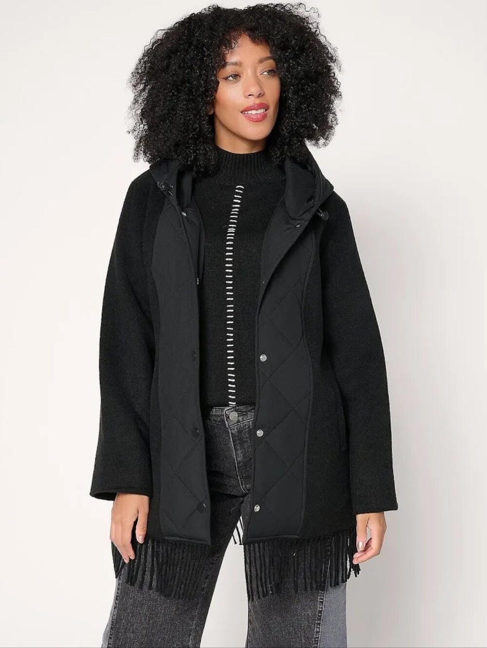 DENNIS BY DENNIS BASSO Black Mixed Media Quilted Fringe Hooded Coat M